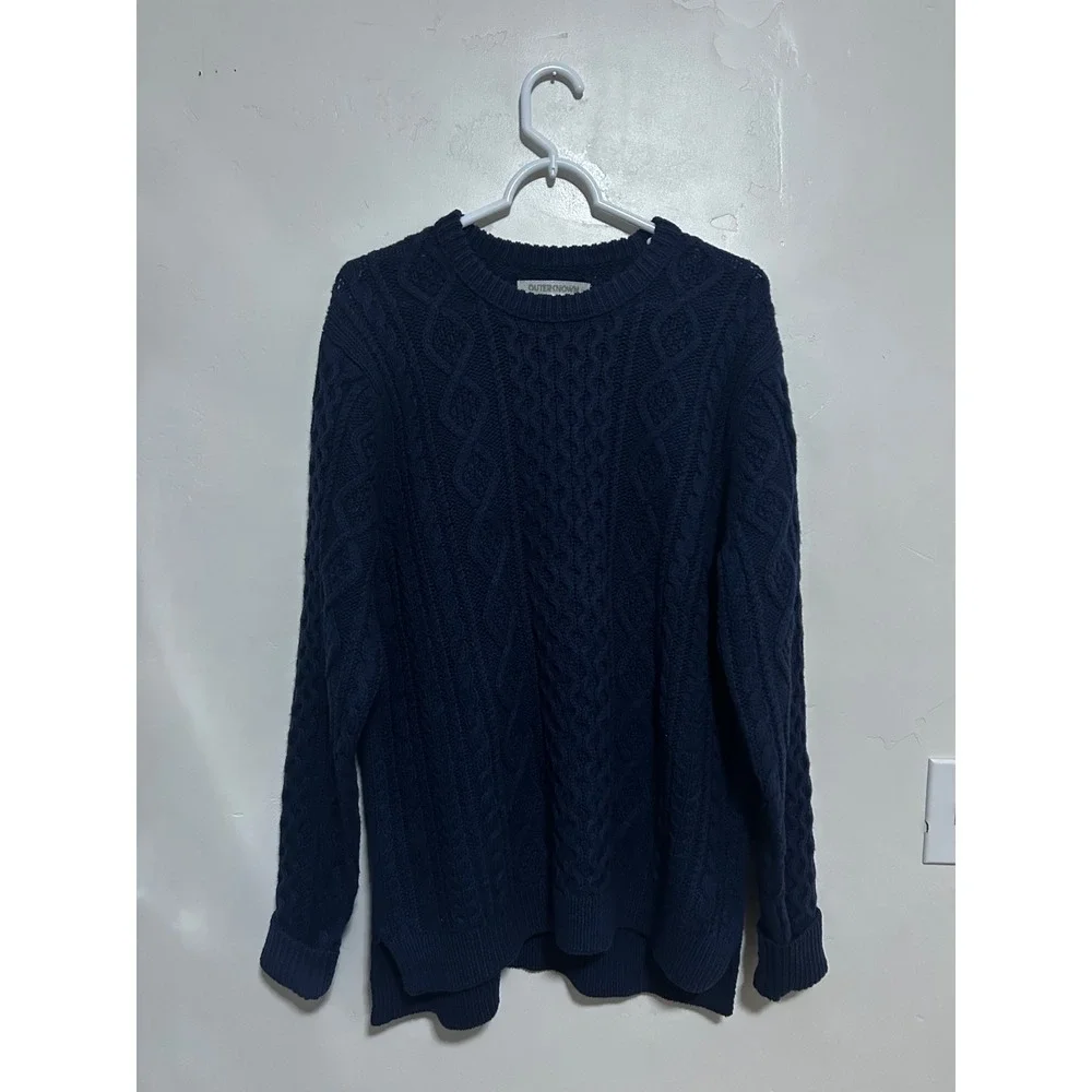 Outerknown Mens Navy Blue Wool Organic Cotton Cable Knit Fisherman Sweater L